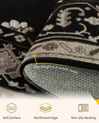 Area Rugs 8ft Washable Non-Slip, Floral Vintage Distress Print Pattern Medallion Carpet for Living Room Bedroom Dining Room, Black Brown Neutral Dark Tan