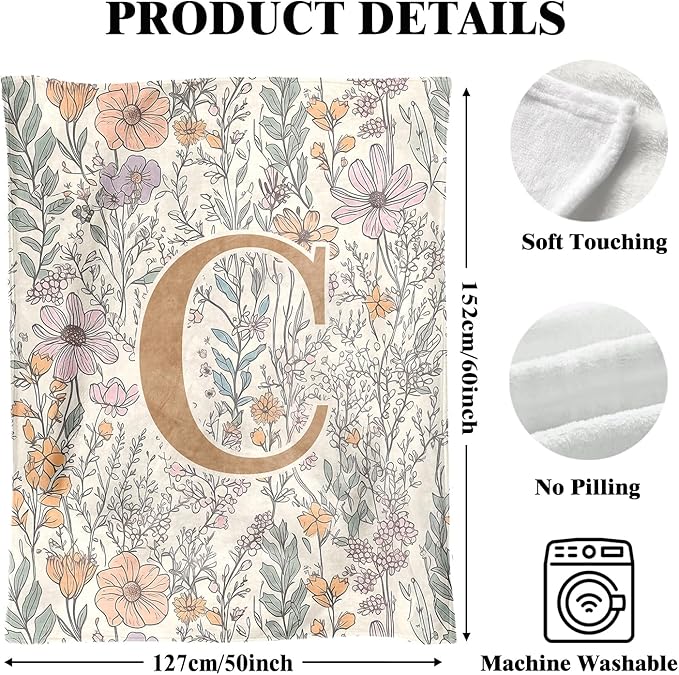 JXREQ Throw Blanket Initial Letter C Personalized Monogrammed Gifts for Women Teen Girls Frends, Boho Floral Throw Blankets for Bed Sofa Living Room Office, 50x60 Inch