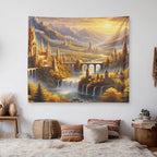 Elven Style Fantasy Tapestry for Bedroom – Golden Misty Mountain Waterfall Landscape Backdrop for Epic Adventure Fans Party, Mythical Birthday Decoration, Classroom Reading Corner Background (60x50)
