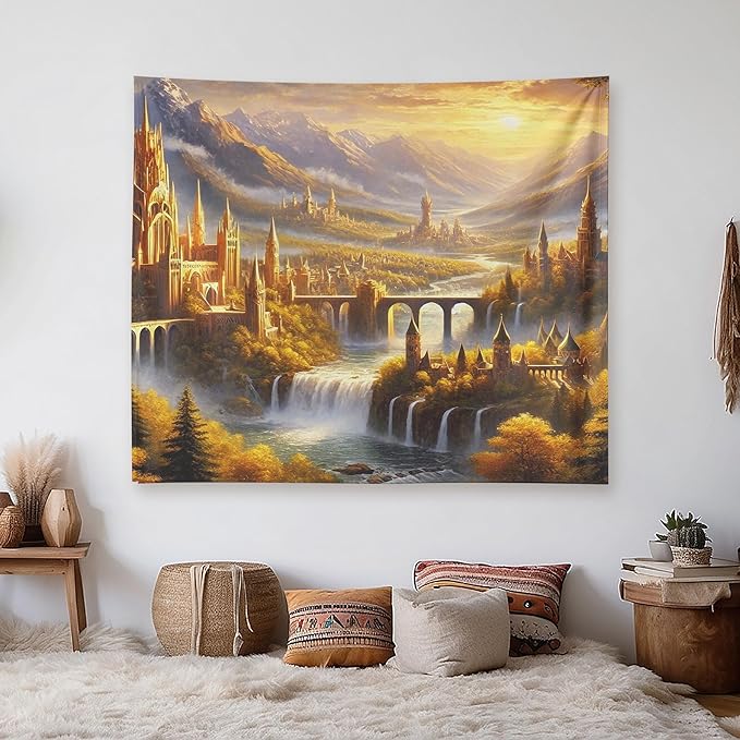 Elven Style Fantasy Tapestry for Bedroom – Golden Misty Mountain Waterfall Landscape Backdrop for Epic Adventure Fans Party, Mythical Birthday Decoration, Classroom Reading Corner Background (60x50)