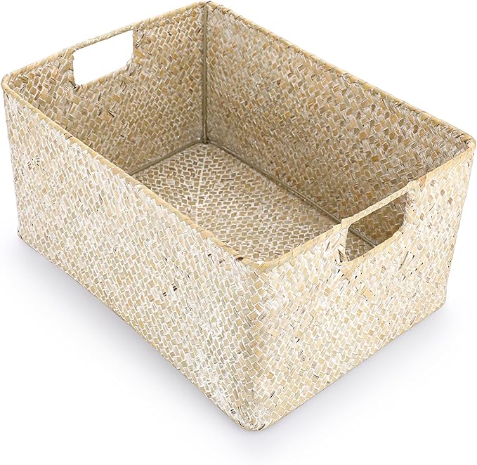 Hipiwe Wicker Shelf Baskets Seagrass Storage Opened Baskets Bin Built-in Handles Rectangular Closet Bedroom Organizer Box Multipurpose Woven Basket Home Organizer,Whitewash,14.6"x 10.6" x 7"