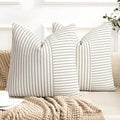 YCOLL Farmhouse Pillow Covers 16x16, Modern Accent Square Throw Pillow Covers Set of 2, Gray and Beige Striped Patchwork Linen Decorative Pillows Cushion Covers for Couch Chair Bedroom Home Decor