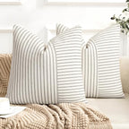 YCOLL Farmhouse Pillow Covers 16x16, Modern Accent Square Throw Pillow Covers Set of 2, Gray and Beige Striped Patchwork Linen Decorative Pillows Cushion Covers for Couch Chair Bedroom Home Decor