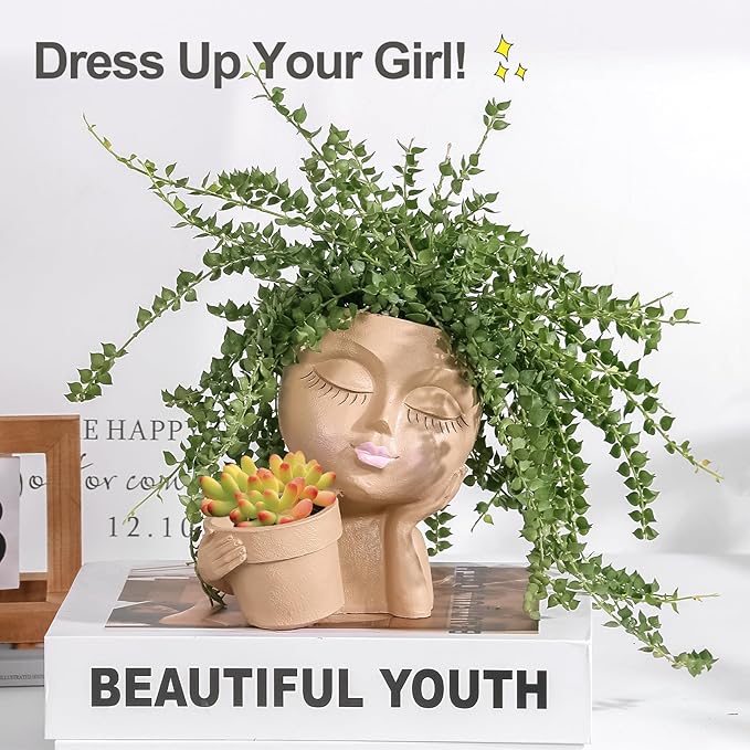 Face Planters Pots Head Planter for Indoor Outdoor Plants - Cute Plant Pots for Flower Succulent with Drainage Hole - Ideal Present Ideas(Khaki Lady)