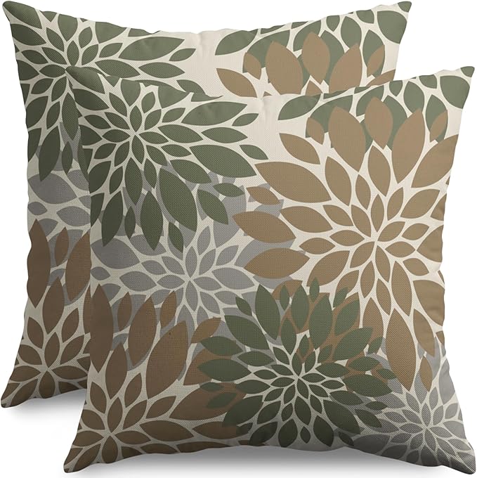 Brown Green Pillow Covers 24X24 Inch Set of 2, Spring Summer Floral Dahlia Flower Cream Decorative Throw Pillow Covers Outdoor Modern Farmhouse Cushion Case for Home Couch Sofa Bed Decor