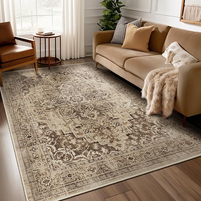 Vintage Brown 5x8 Area Rugs for Living Room, Distressed Medallion Dining Room Rug Washable Non Slip, Low Pile Thin Carpet Rugs for Den/Bedroom/Foyer/Home Office, Earthy Brown Taupe Black