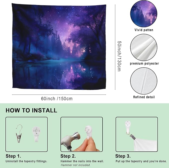 Xolytar Purple Galaxy Forest Tapestry - Starry Night Sky with Misty Trees & Lake Reflection, Dreamy Indie Aesthetic, Cosmic Wall Art for Teen Girls Bedroom Dorm Decor (50x60)