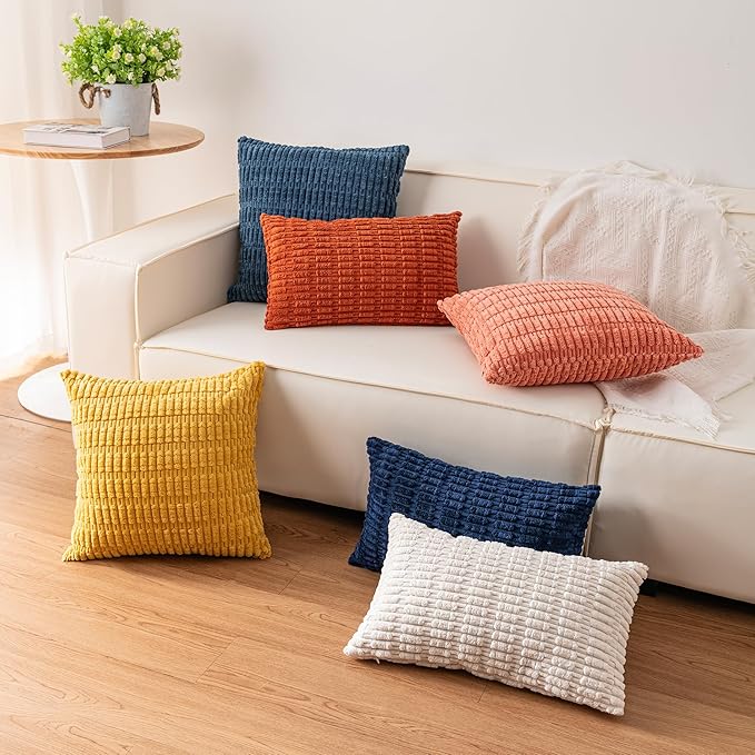 Pack of 2 Corduroy Decorative Throw Pillow Covers 16x16 Inch Soft Striped Pillow Covers Modern Farmhouse Home Decor for Sofa Living Room Couch Bed（Dark Grey）