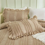 WONGS BEDDING Khaki Comforter Set Queen,3 Pieces Ruffle Farmhouse Shabby Chic Comforter for Queen Bed,Soft Seersucker Textured Boho Bedding Set with 1 Ruffle Comforter,2 Tufted Pillowcases 90"×90"