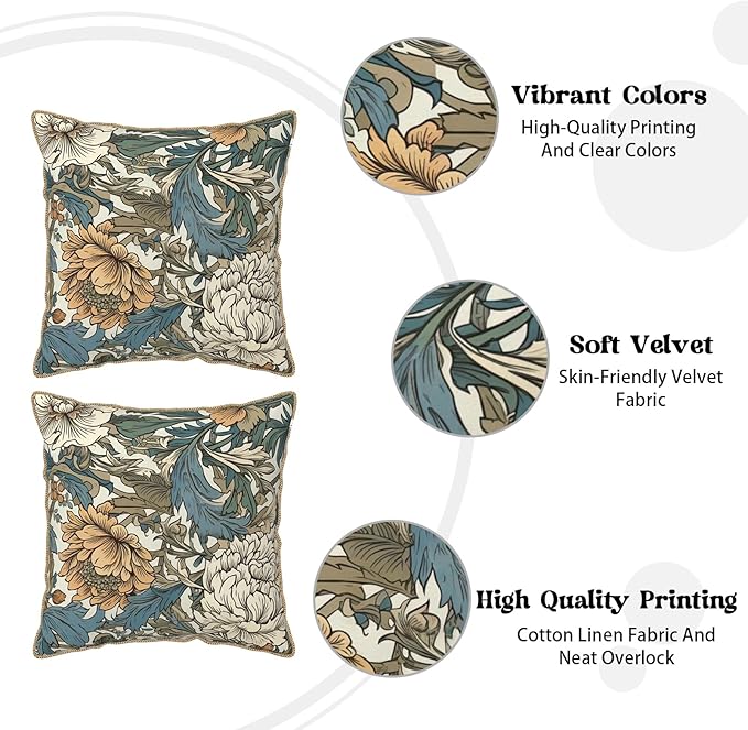 KSLIDS Vintage Flowers Soft Velvet Throw Pillow Covers Set of 2 Floral Plant Leaves Decorative Pillow Covers 16x16 Inch Yellow White Flowers Pillow Case for Sofa Couch Bedroom Farmhouse Home Decor