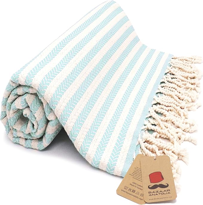 Bazaar Anatolia Turkish Beach Towel – 100% Cotton, Quick Dry, Sand Free Towel for Bathroom, Travel, Camping – Oversized 71x39 Inches – Arpa Mint