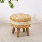 Cpintltr Round Ottoman Natural Seagrass Footstool Hand Weave Water Hyacinth Poufs Eco Friendly Sofa Foot Stool Soft Step Stool Padded Foot Rest with Pine Legs for Living Room (White)