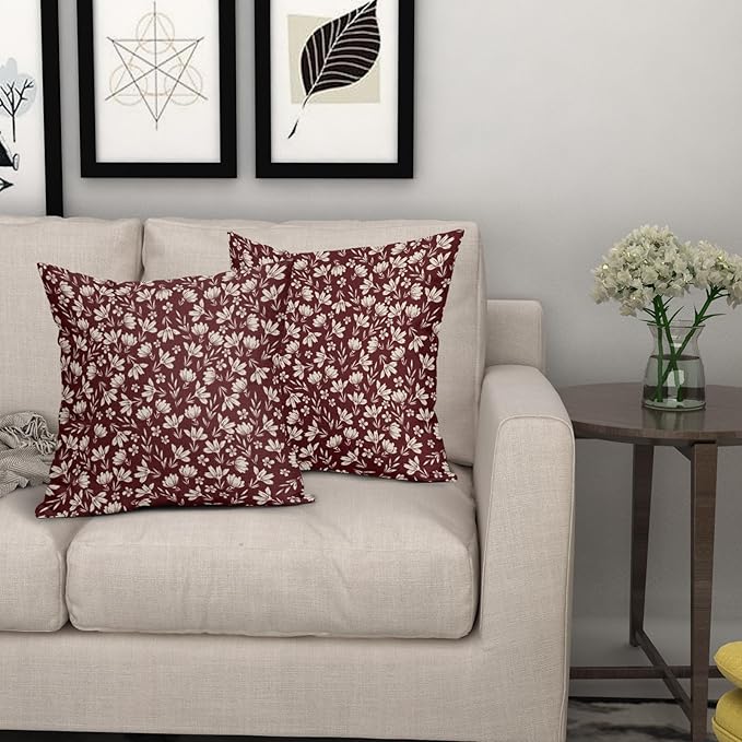 Burgundy Pillow Covers 18x18 Set of 2 Vintage Floral Rustic Old Style Cute Flower Print Decorative Outdoor Pillowcases Seasonal Farmhouse Throw Cushion Case Decor for Couch Sofa Bed