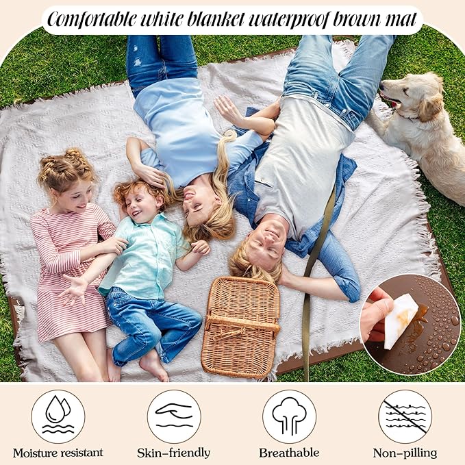 VitalCozy Waterproof Picnic Blankets Outdoor Blanket Foldable 2 in 1 Double Layer Sandproof Beach Mat with Carry Strap for Camping Lawn Park Beach Grass(White)