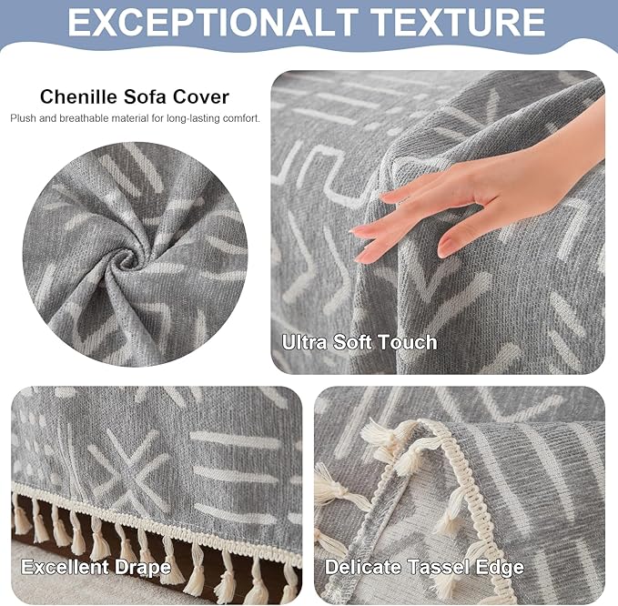 VClife Bohemian Couch Cover Sectional Sofa Cover Washable for L Shape Sofa, 1 PC Soft Chenille Couch Cover for 2 Cushion Couch - Boho Gray White Jacquard Loveseat Slipcover for Couch Bed, 71" x 118"