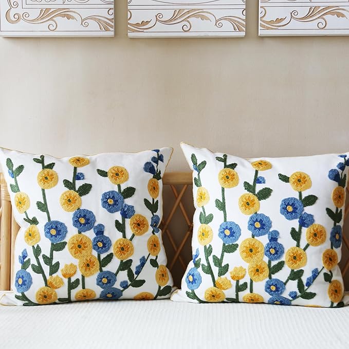 Embroidered Throw Pillow Cover, Linen Decorative Flowers Pillow Covers with Zipper for Couch Sofa Bed Living Bedroom, Pack of 2 Square Floral Pillowcase Covers with Patterned 18x18 Inch