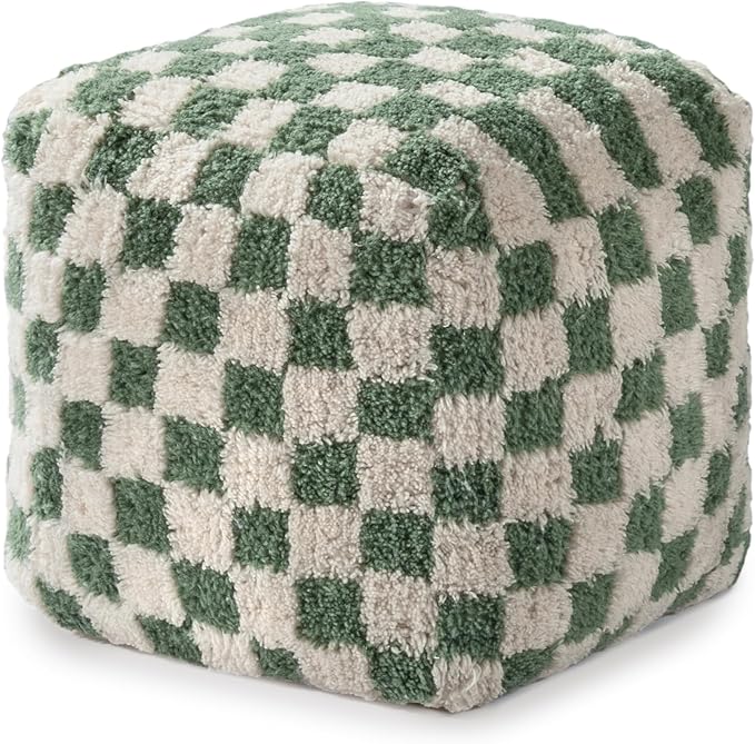 Anji Mountain Pouf Ottoman Foot Rest, Handmade Ottoman Pouf, Comfortable Foot Stool, Decorative Floor Seating for Living Room Decor, Bedroom & Home Décor Accent - Sage Checker
