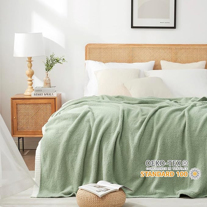 Snuggle Sac Sage Green Bedding Blankets Queen Size 90x90 inches, Reversible Microfiber Fluffy Fuzzy Soft Throw Cozy Knit Blanket for Women Mothers Birthday Gifts