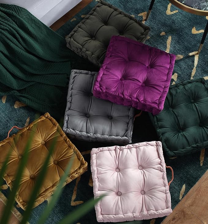 vctops Square Solid Color Velvet Seat Cushion with Handle Tufted Thicken Chair Pad Tatami Floor Pillow Cushion 16.5"x16.5"x4" Purple