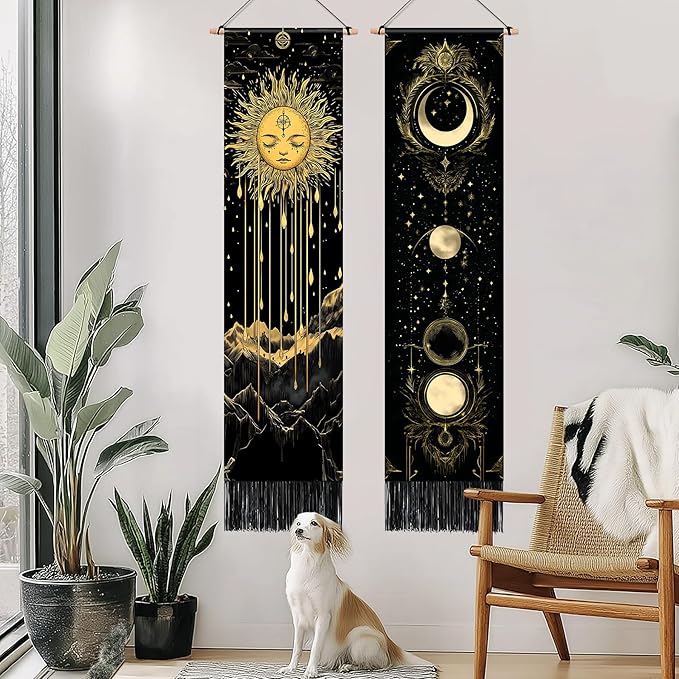 AOHMPT Pack of 2 Long Vertical Tapestry,Nature Landscape Tapestry with Serene Mountain River, Moon & Sun Motifs,Traditional Ink Painting Wall Art,Zen Aesthetic Wall Hanging for Living Room Bedroom Decor 13" W x 51" H"