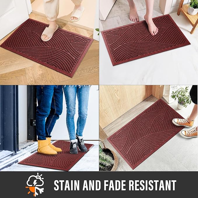 Sturdy Front Door Mat, Absorbent Muddy Dirt Resist Welcome Door Mats Outdoor Indoor, Stain and Fade Resistant, Non-Slip Backing Entry Mat Low Profile Doormat for Entryway, 47×32, Red