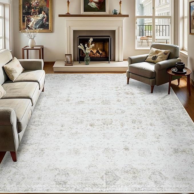 Washable 8×10 Area Rugs for Living Room, Vintage Floral Rug Soft Non Slip Stain Resistant Boho Carpet for Bedroom Dinning Room Kitchen Home Office 02 Beige