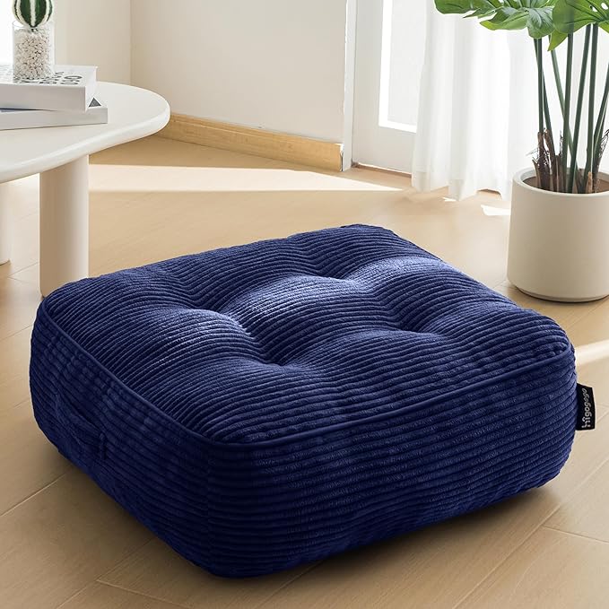 HIGOGOGO 8" Extra Thick Floor Pillow Cushion for Adults, Meditation Cushion Pillow, Large Square Floor Sitting, Tufted Corduroy Cover, for Tatami Living Room or Yoga, 22x22 Inch, Navy