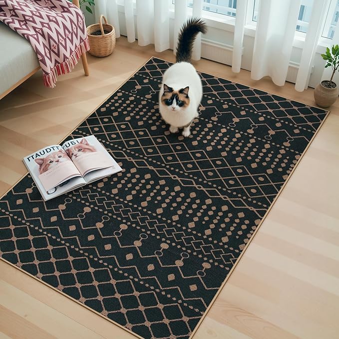 Lahome Moroccan Easy Jute Entryway Rug, 3x5 Black and White Rug for Living Room, Non-Slip Washable Small Area Rugs, Modern Geometric Indoor Outdoor Carpet for Kitchen Porch Patio