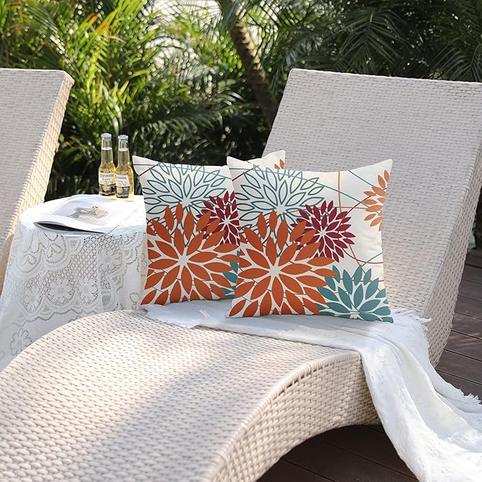 Orange and Red Floral Pillow Covers 20x20 Set of 2 Outdoor Waterproof Decorative Throw Pillows Fall Pillow Covers Polyester Cushion Case Decor for Couch Patio Funiture Garden Porch 01W20