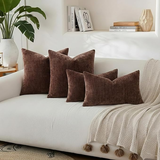 decorUhome Chenille Reddish Brown Spring Throw Pillow Covers 16x16 Inch Set of 2, Decorative Soft Couch Pillow Covers Solid Dyed Accent Farmhouse Neutral Square Pillow Cases for Sofa