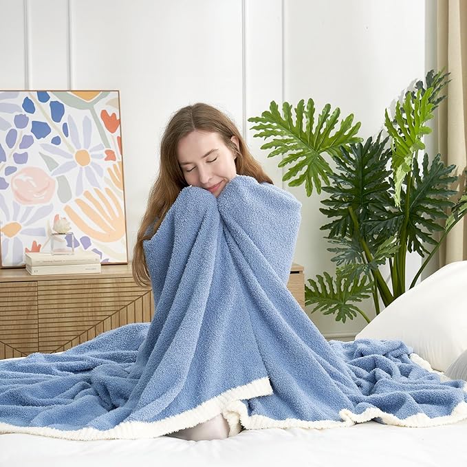 Snuggle Sac Blue Bedding Blankets Queen Size 90x90 inches, Reversible Microfiber Fluffy Fuzzy Soft Throw Cozy Knit Blanket for Women Mothers Birthday Gifts