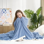 Snuggle Sac Blue Bedding Blankets Queen Size 90x90 inches, Reversible Microfiber Fluffy Fuzzy Soft Throw Cozy Knit Blanket for Women Mothers Birthday Gifts