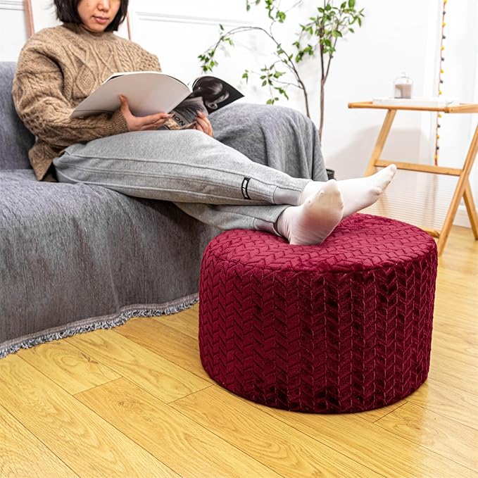 Stuffed Pouf Ottoman High Density Foam Ottoman Pouf for Living Room Bedroom Floor Storage Pouf Footstools Round Foot Rest Stool 20"x20"x12" with Foam Filler (Wine Red)