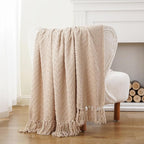 BATTILO HOME Beige Throw Blanket for Couch, Knitted Beige Throw for Bed, Neutral Throw Blankets Tan Throw Blanket for Room Decor Housewarming Gifts, 50" x 60"