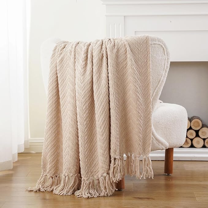 BATTILO HOME Beige Throw Blanket for Couch, Knitted Beige Throw for Bed, Neutral Throw Blankets Tan Throw Blanket for Room Decor Housewarming Gifts, 50" x 60"