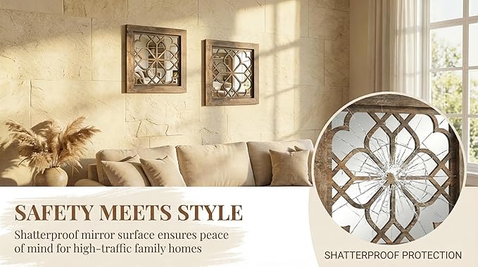 Boho Wall Mirror Decor, Set of 2 Rustic Farmhouse Mirror 12x12 Inch, Square Shatterproof Vintage Style Mirrors for Wall, Small Decorative Mirrors for Living Room, Bedroom(Redbrown)
