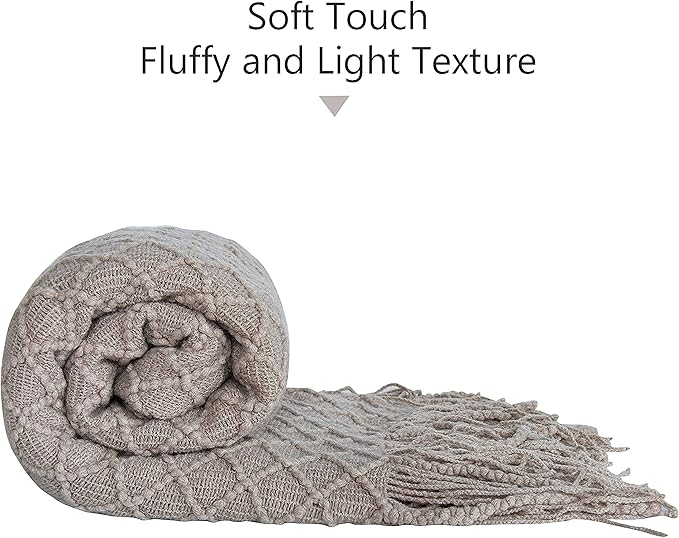NTBAY Acrylic Knitted Throw Blanket, Lightweight and Soft Cozy Decorative Woven Blanket with Tassels for Travel, Couch, Bed, Sofa, 51x67 Inches, Taupe Checkered