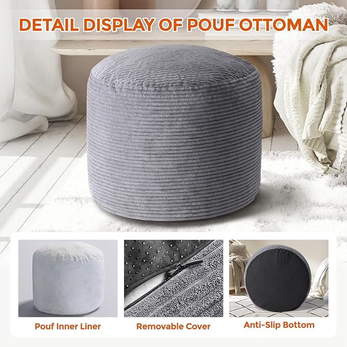 Pouf Ottoman Foot Rest, Comfortable & Soft, Round Footstool for Living Room, Bedroom, Office, Room Decoration, Corduroy Foot Stool Pouf with Odorless & Anti-Clump Filling, Small Dark Grey