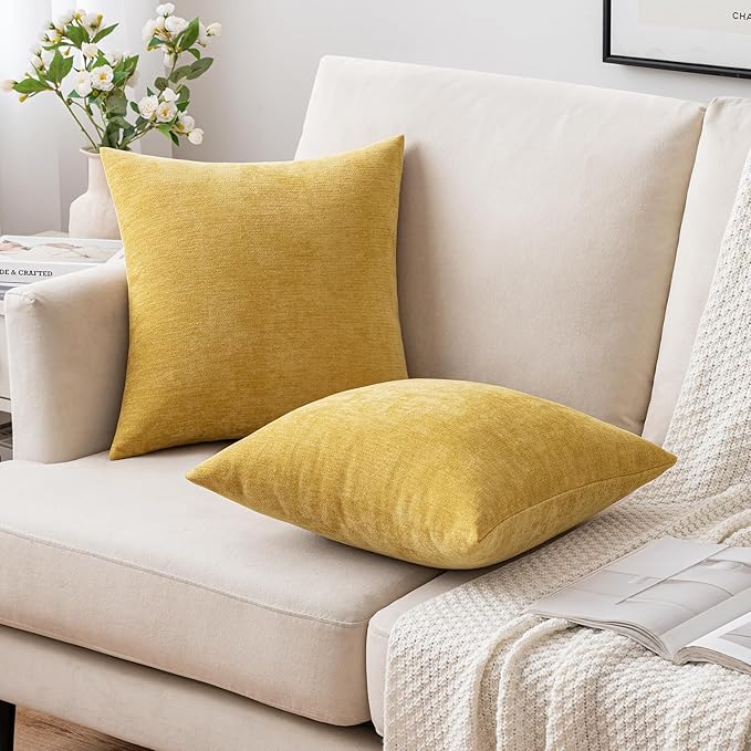 MIULEE Pack of 2 Mustard Yellow Decorative Pillow Covers 16x16 Inch Soft Chenille Couch Spring Throw Pillows Farmhouse Cushion Covers for Home Decor Sofa Bedroom Living Room