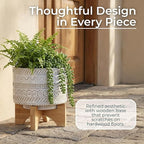 Ceramic Planter with Elevated Stand – Bamboo Indoor Plant Stand, Display for Greenery, Shelf or Patio Placement – Tribal Boho Design for Sculptural Height, Home Decor, Outdoor Decor – 8", Ivory