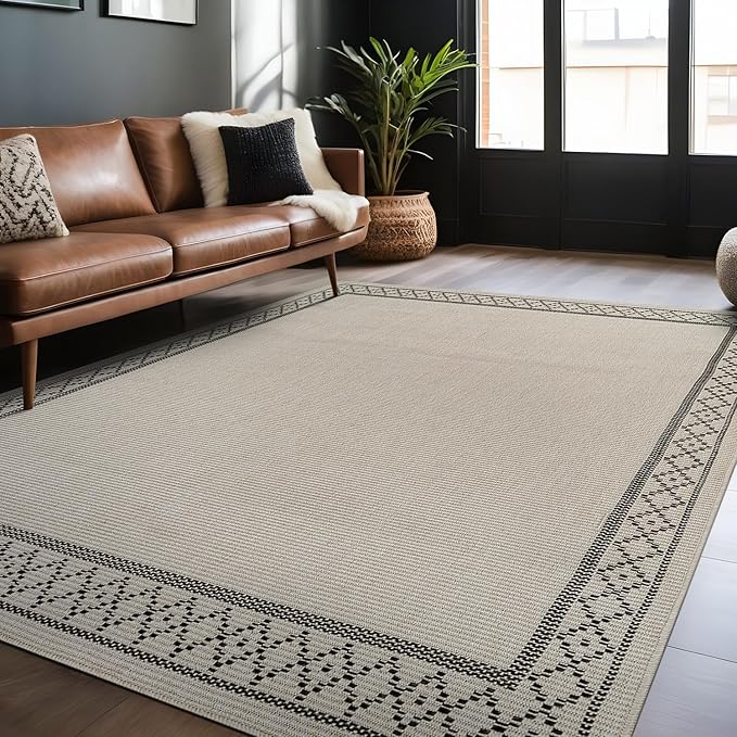 Easy Jute Rugs 8x10 Frame Bone Color Living Room Indoor Outdoor Area Rug for Patio and Kitchen Rug High Traffic Washable Easy to Clean Solid Boho Woven Design Carpet (8 x 10)