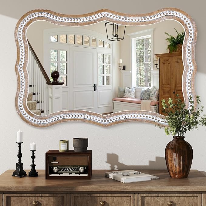 35x24 inches Rustic Farmhouse Mirror for Wall Decor, Wooden Beads Decorative Mirrors for Living Room, Bedroom, Hallway, Bathroom, Entryway - Vertical or Horizontal Hanging