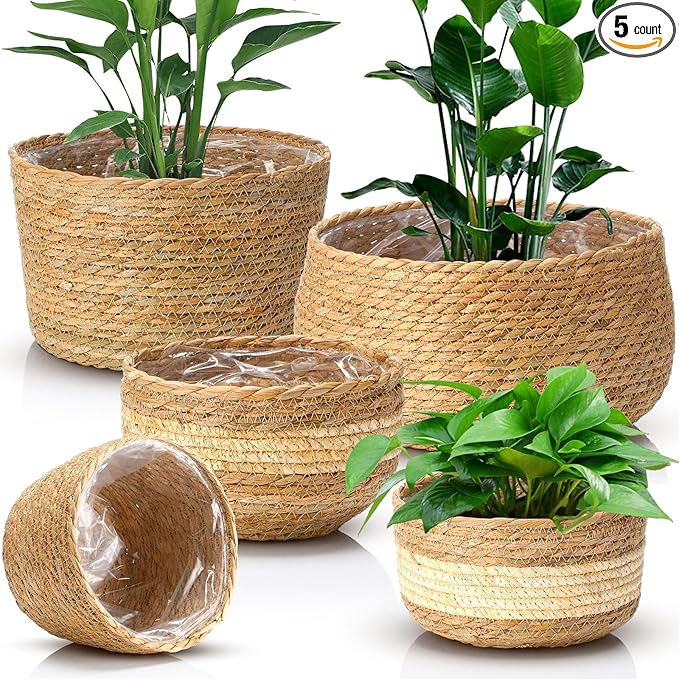 Sieral 5 Pcs Seagrass Hand Woven Planter Basket Large Plant Pots Indoor Flower Pots Cover, 12+10+8+7+6 Inch Storage Planter Containers with Plastic Liners