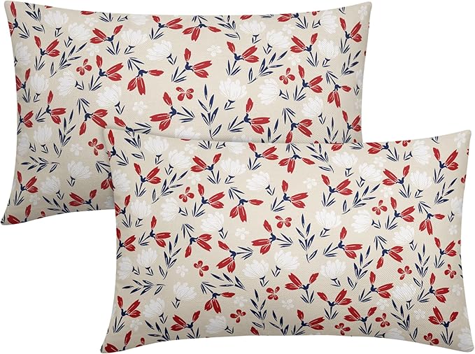 4th of July Floral Pillow Covers 12x20 Set of 2 Rustic Old Style Navy Blue Red White Flower Print Rectangle Decorative Outdoor Pillowcases Patriotic Throw Cushion Case Decor for Couch Sofa Bed