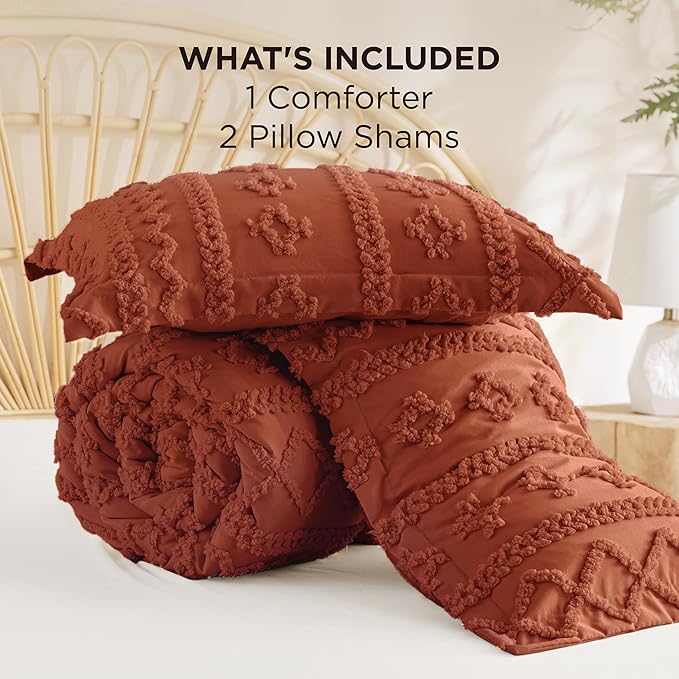 Bedsure Tufted Boho Comforter Set Queen Size - Terracotta Boho Bed Set, GentleSoft™ 3 Pieces Farmhouse Shabby Chic Embroidery Bedding, Gifts for Woman, Soft Jacquard Queen Comforter for All Seasons