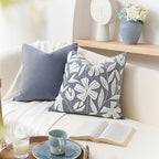 BlissBlush 20x20 Throw Pillow Cover, Grayish Blue Square Decorative Cushion Cover for Couch Sofa, Floral Tufted Embroidered Velvet Farmhouse Accent Pillowcase (Cover Only)