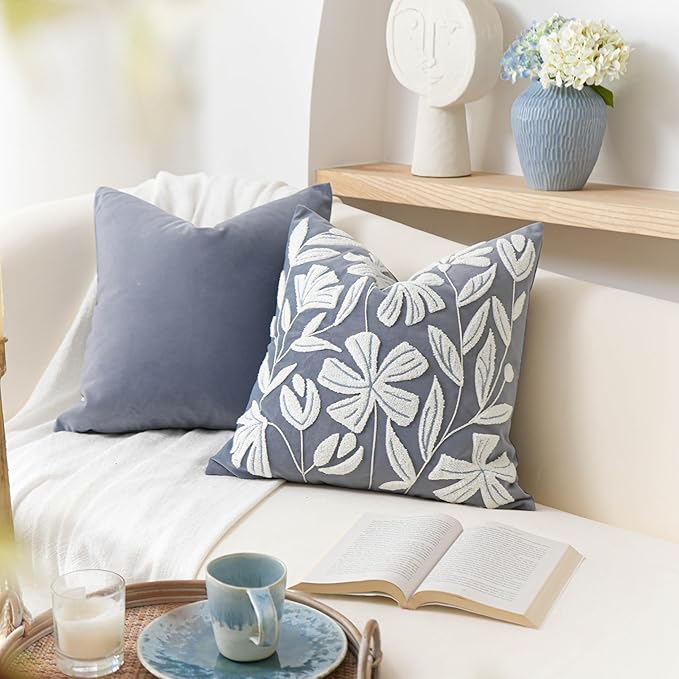 BlissBlush 20x20 Throw Pillow Cover, Grayish Blue Square Decorative Cushion Cover for Couch Sofa, Floral Tufted Embroidered Velvet Farmhouse Accent Pillowcase (Cover Only)