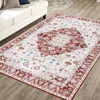 Amearea Vintage Design Area Rugs for Living Room, 4x6 Machine Washable Floral Collection Traditional Bedroom Rug, Low Pile Cute Kids Room Print Carpet, No Slip Office Kitchen Home Decor, Red