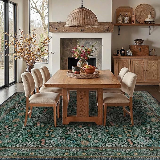 8x10 Area Rugs for Living Room, Large Washable Rug, Green Vintage Floral Boho Rug, Non Slip & Low Pile Faux Wool Thin Carpet for Indoor Dining Room and Bedroom(Dark Green 8x10ft)