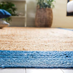 SAFAVIEH Natural Fiber Collection Area Rug - 6' Square, Natural & Blue, Handmade Flat Weave Boho Farmhouse Rustic Border Jute, Ideal for High Traffic Areas in Living Room, Bedroom (NFB852M)